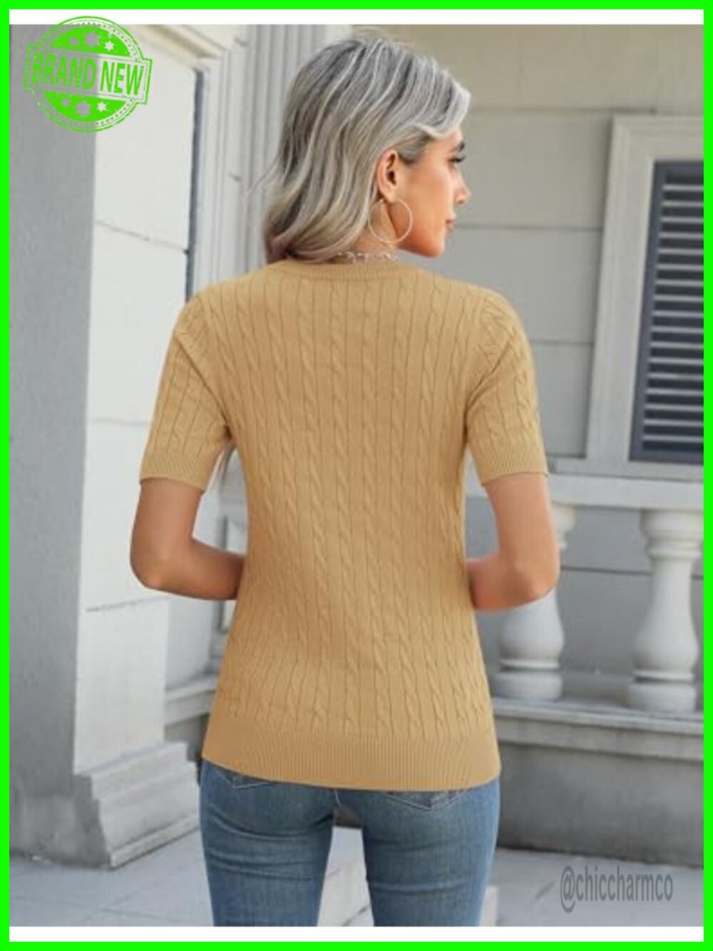 Short Sleeve Cable Knit Crewneck Sweater - Soft Lightweight Knit Top - Picture 3 of 7